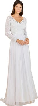LARA New York Long Sleeve Bridal Gown with Flowy Skirt
