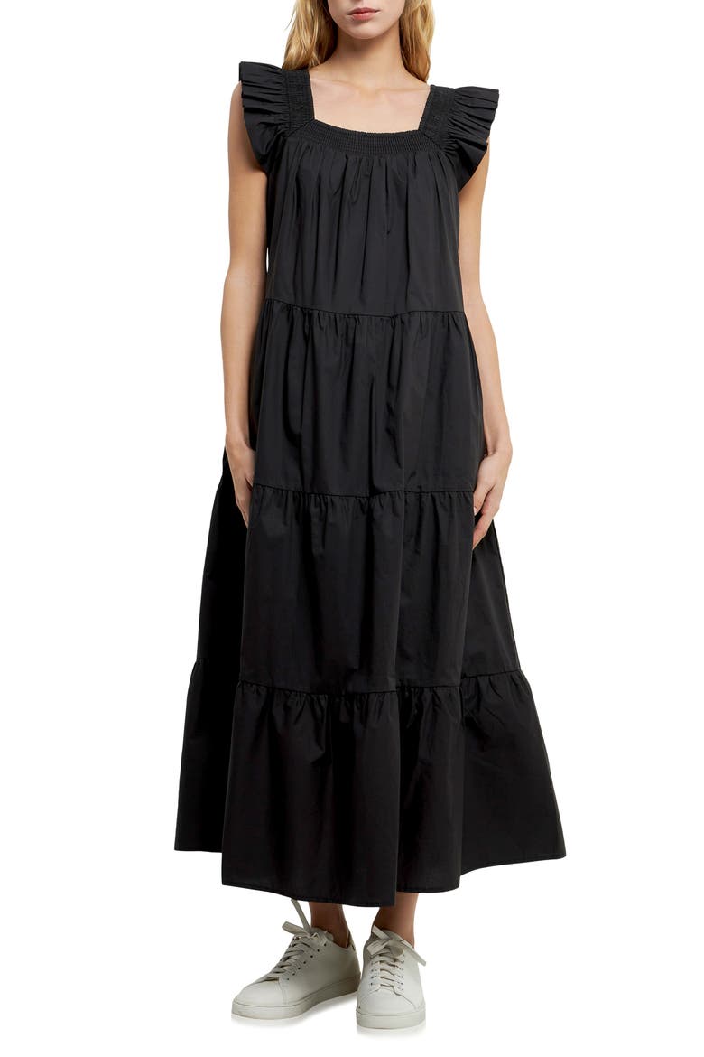 Ruffle Detail Midi Dress, Main, color, BLACK