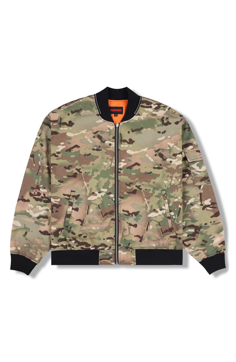 PLEASURES Rhinestone Embellished Camo Print Cotton Bomber Jacket, Alternate, color, Camo