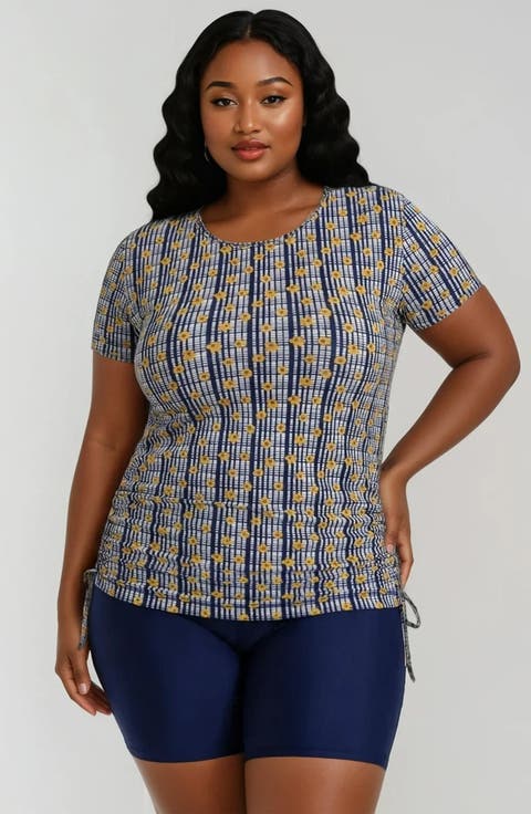 Plus Size Short Sleeve Adele Swim Top and Navy Mid-Thigh Swim Shorts Set