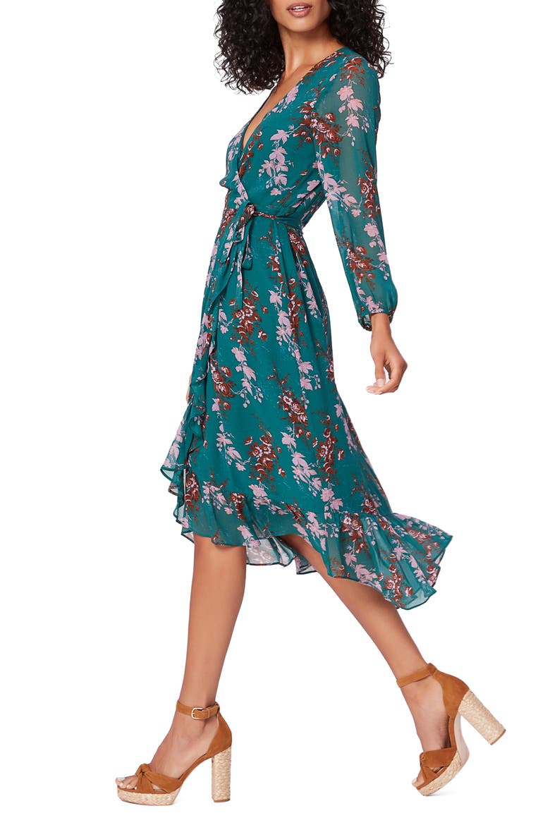 Palazzo Print Long Sleeve Silk Wrap Dress, Alternate, color, DARK AQUA MULTI