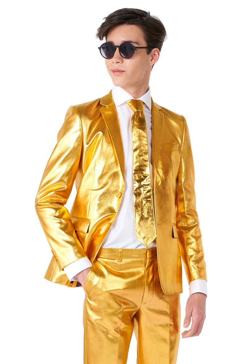 Kids' Groovy Golden Metallic Two-Piece Suit & Tie, Alternate, color, GOLD