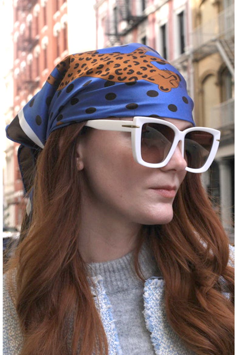 Double Sided Silk Scarf Of Blue Leopards Garden, Alternate, color, Blue