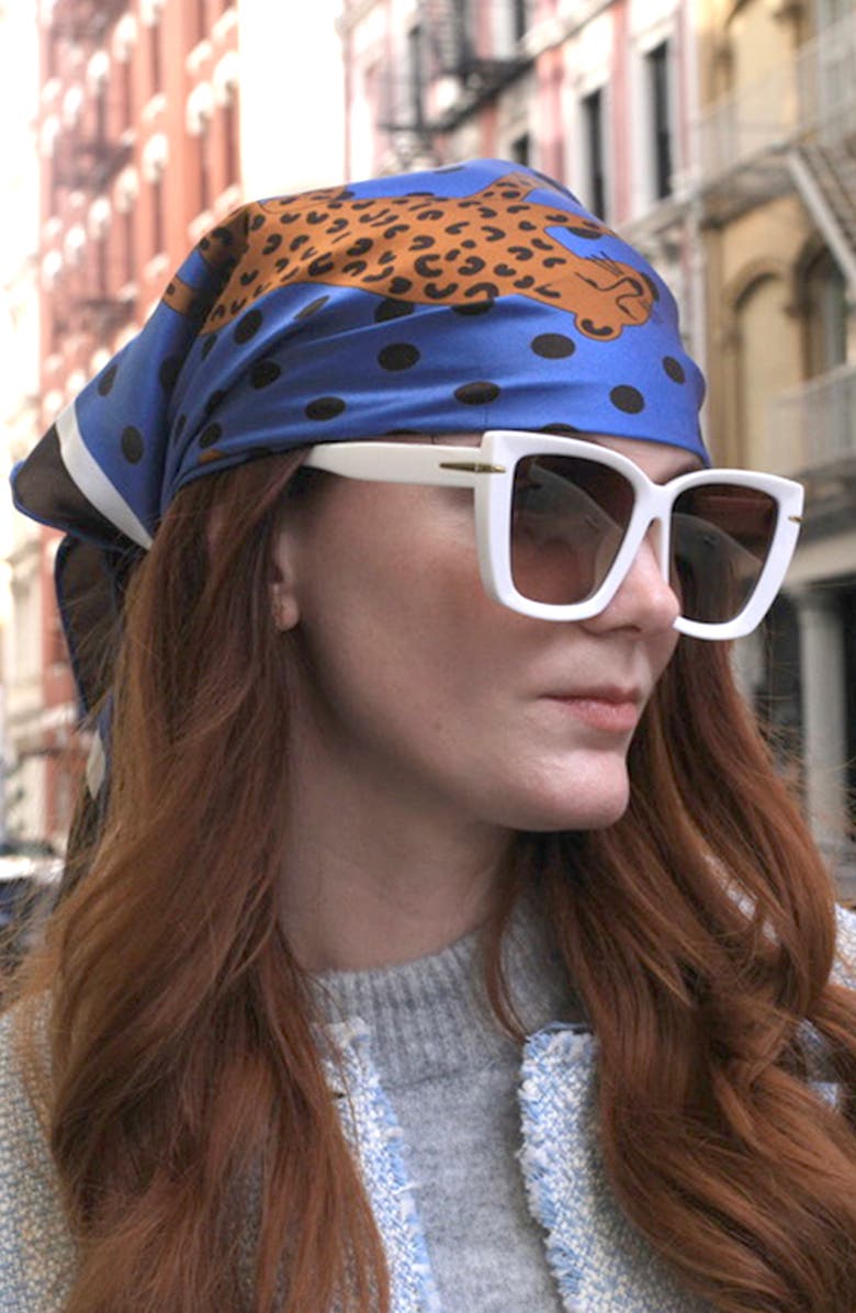 Jessie Zhao New York Double Sided Silk Scarf Of Blue Leopards Garden, Alternate, color, Blue