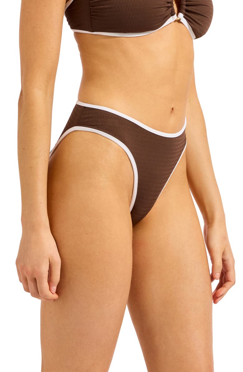 Seafolly Beach Bound High Cut Bikini Bottoms, Alternate, color, Dark Chocolate