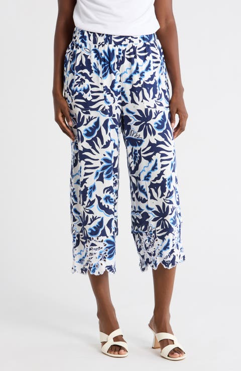 Embroidered Eyelet Hem Wide Leg Pull-On Pants