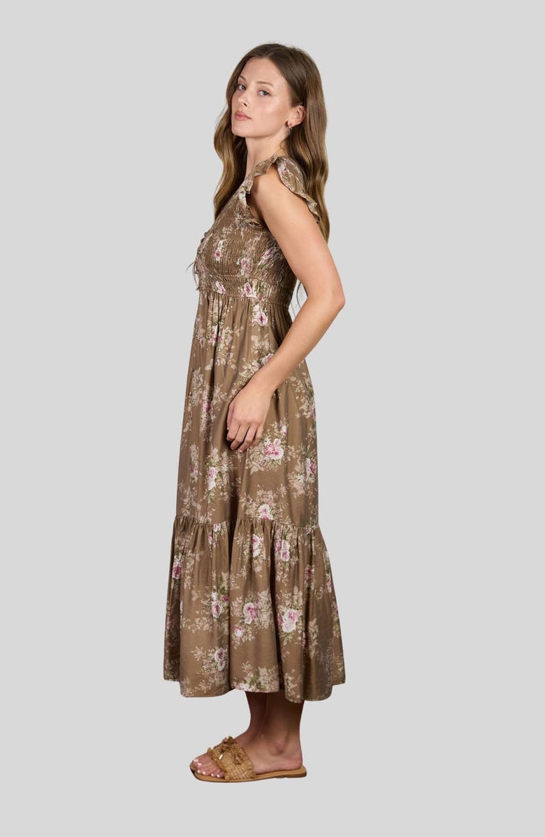 AUGUST SKY Floral Smocked Midi Dress, Alternate, color, Brown Multi