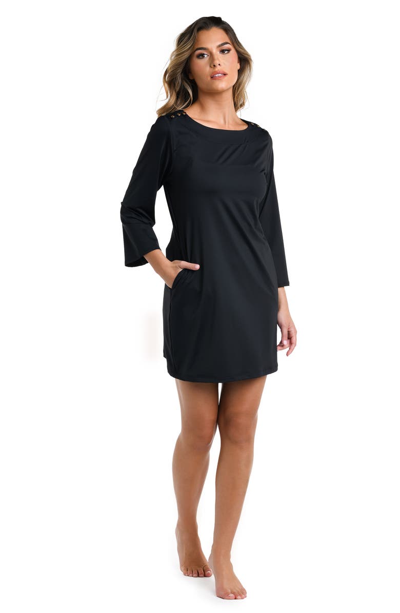 La Blanca Boat Neck Three-Quarter Sleeve Tunic Cover-Up Dress, Alternate, color, Black