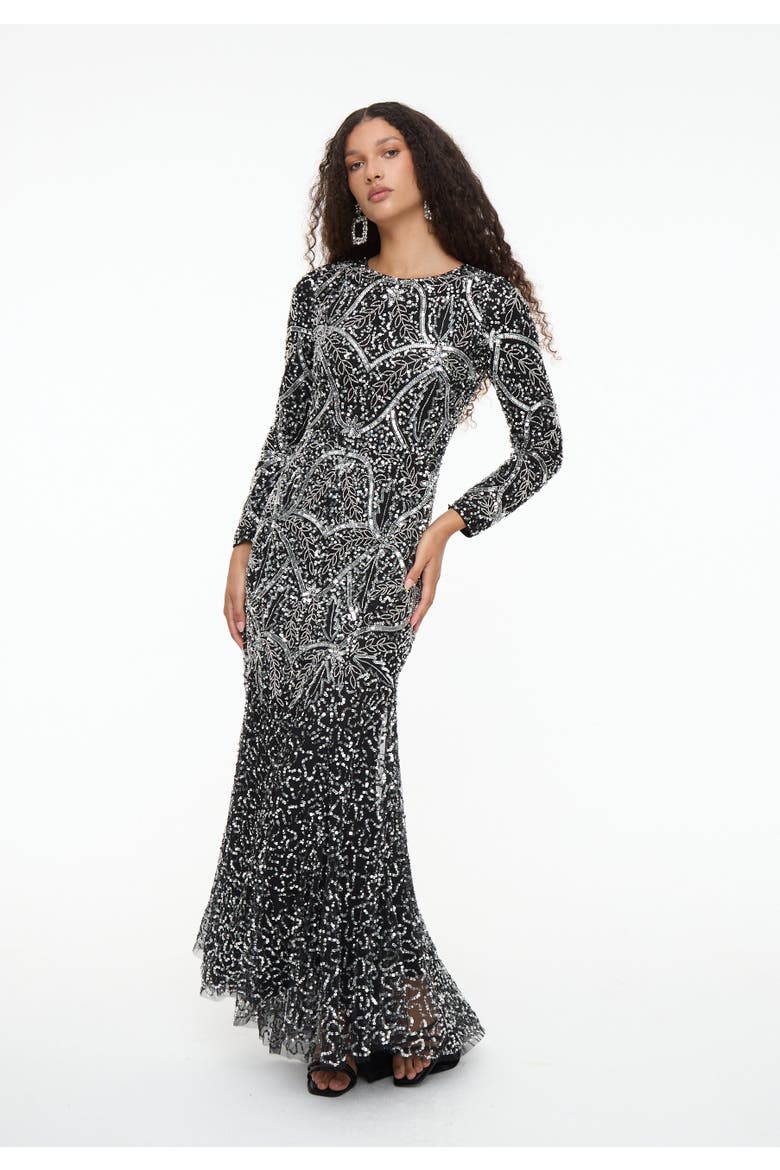Modest Embellished Sequin Beaded Dress Maxi With Fit Bodice and Trail, Alternate, color, BLACK