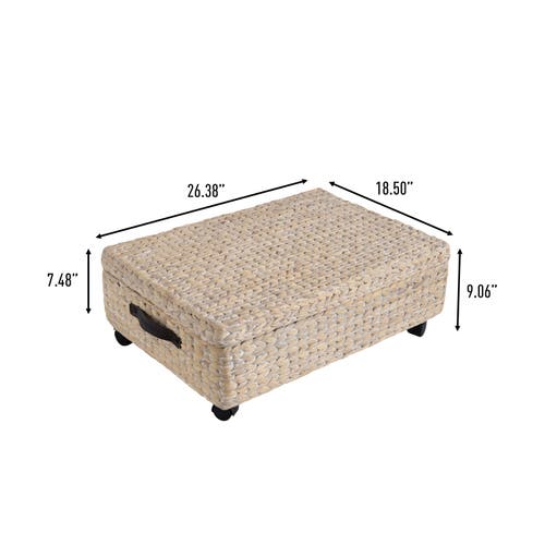 Happimess Chett Minimalist Hand-woven Hyacinth/wood Underbed Storage Bin With Wheels And Handles In White
