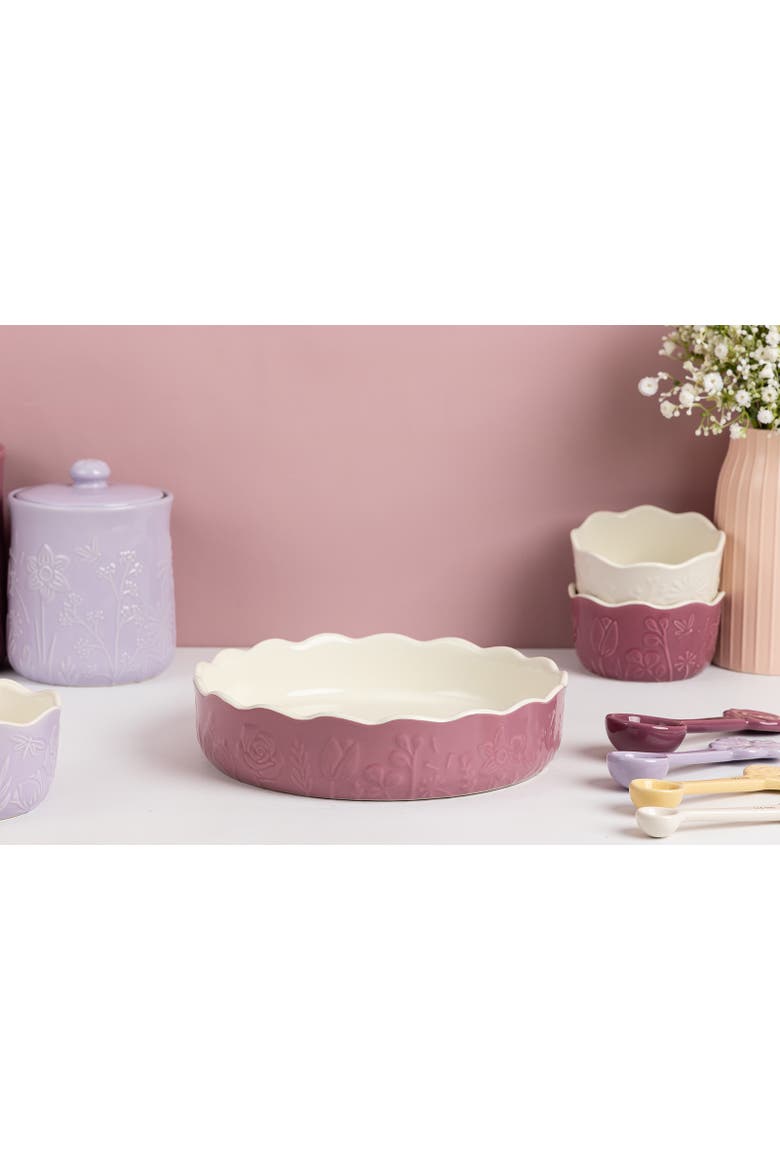 In The Meadow Pie Dish with Embossed Floral Design, Alternate, color, Pink