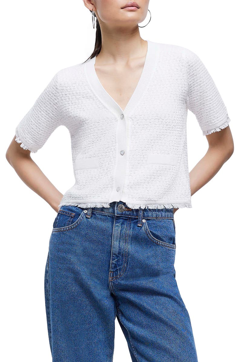 River Island Bouclé Short Sleeve Cardigan, Main, color,