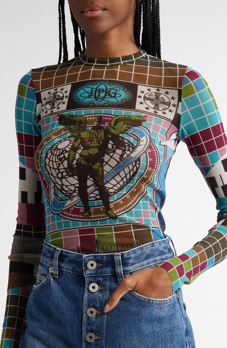 Jean Paul Gaultier Geo Print Long Sleeve Mesh Top, Alternate, color,