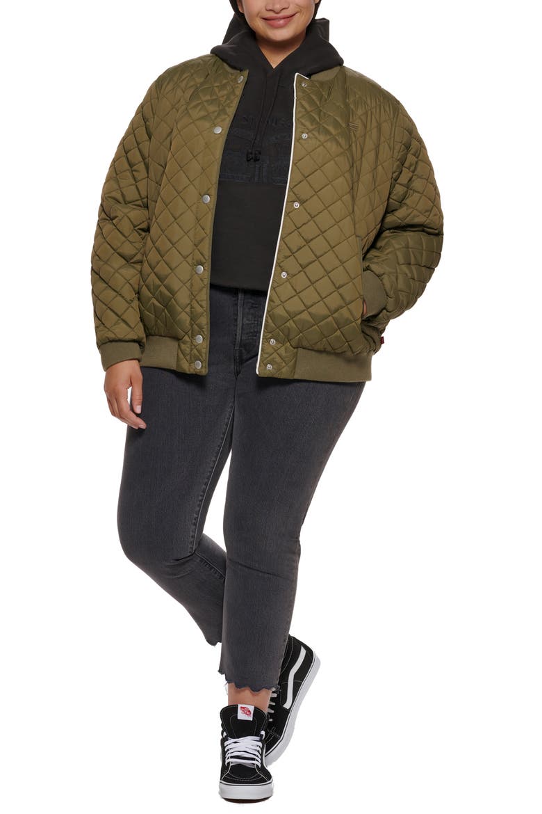Quilted Water Resistant Bomber Jacket with Faux Shearling Lining, Alternate, color, ARMY GREEN