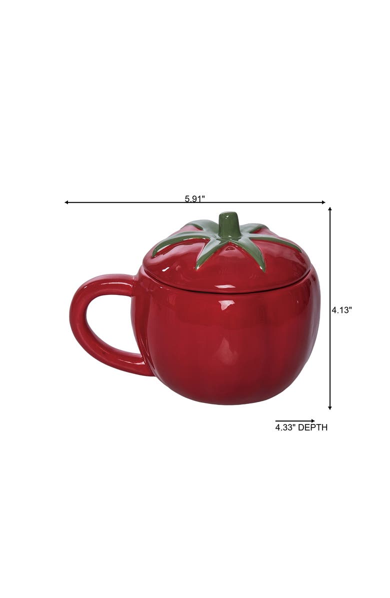 Transpac Dolomite 10 Oz Tomato Mug with Lid Red and Green for Spring Serving and Entertaining, Alternate, color, Red