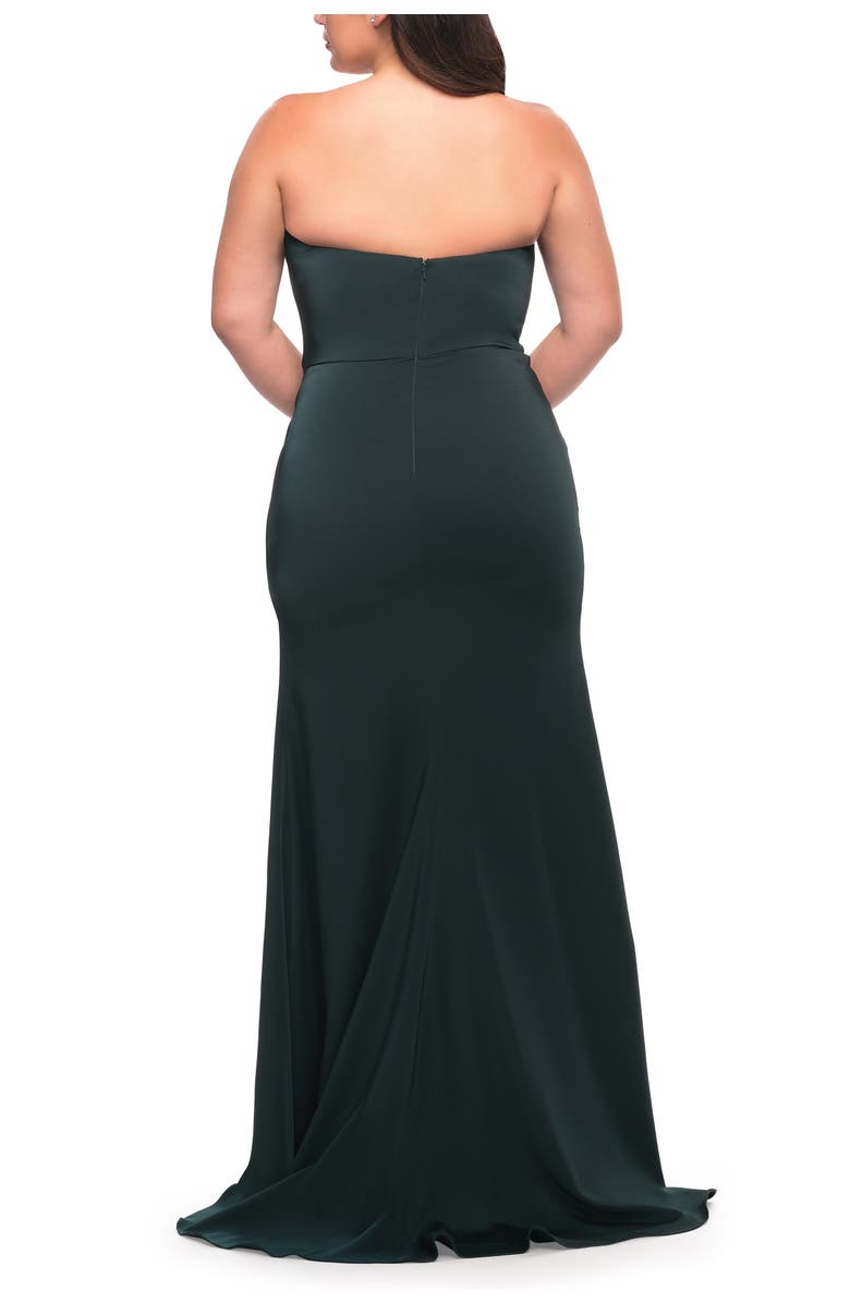 La Femme Strapless Plus Size Dress with Ruffle Slit Detail, Alternate, color, Dark Emerald