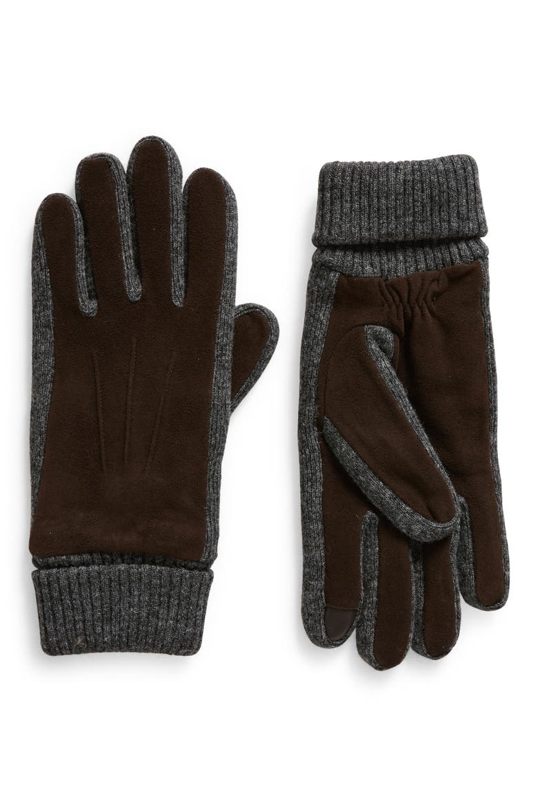 Suede & Wool Blend Gloves, Main, color, BROWN