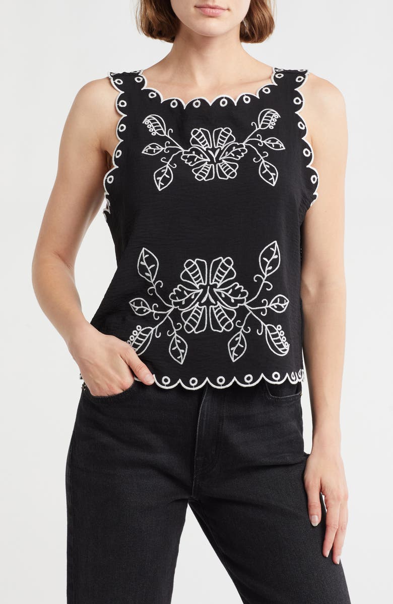 Adrianna Papell Floral Embroidered Crop Tank, Main, color, Black/ Ivory