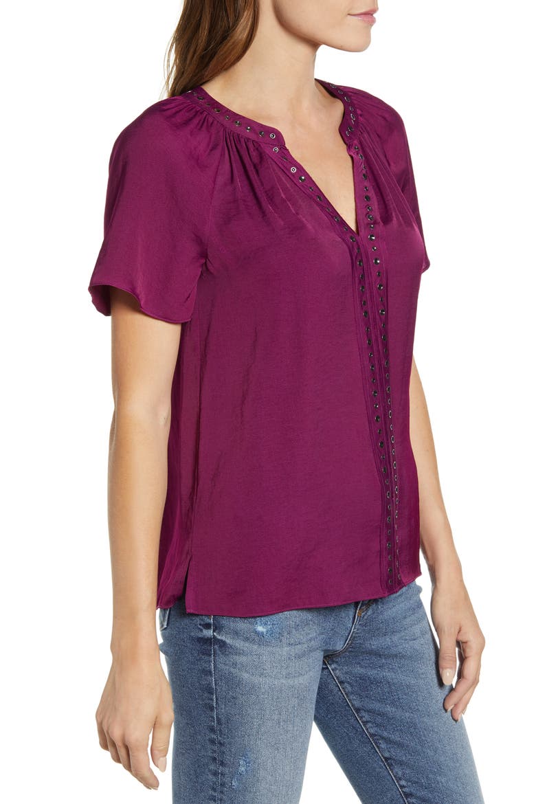 Stud Trim Hammered Satin Blouse, Alternate, color, PLUM NOIR