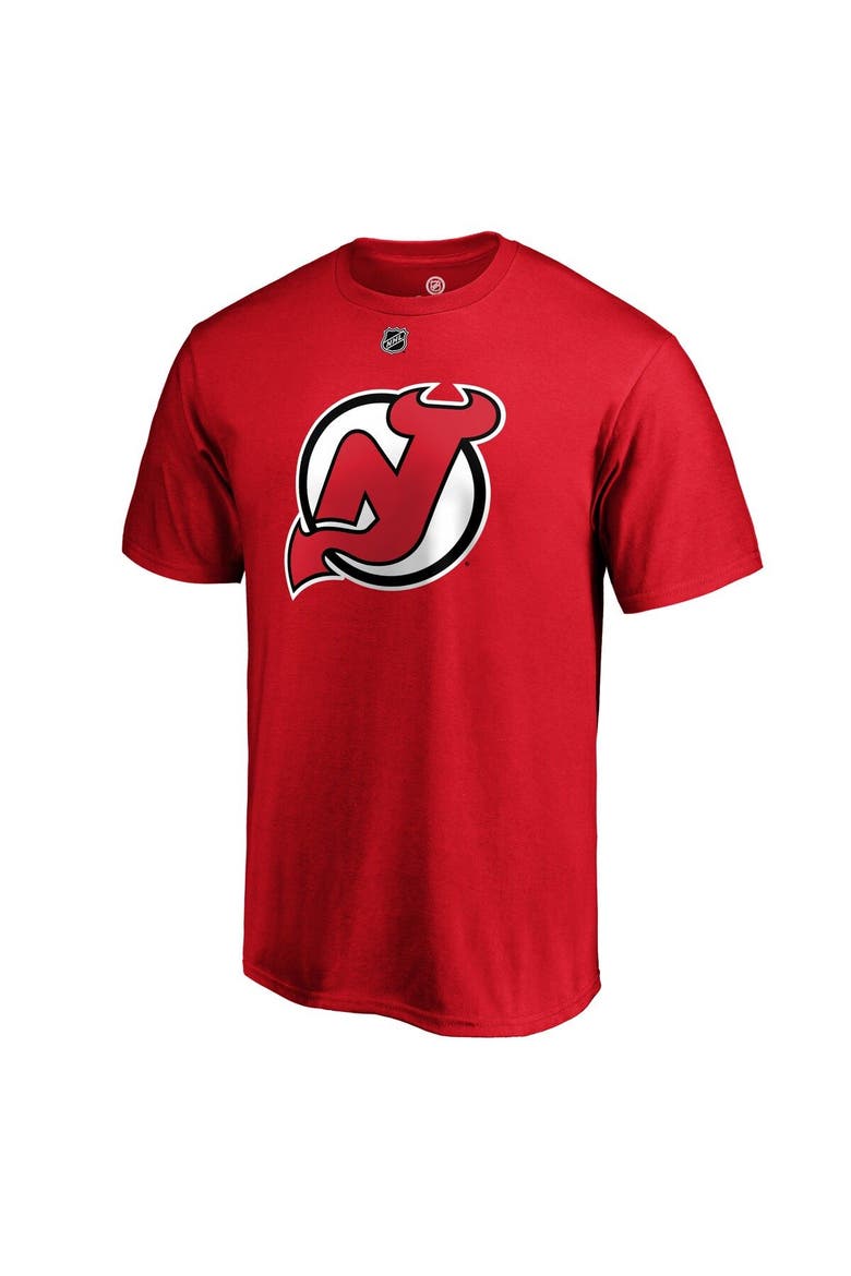 Men's Fanatics Branded Jack Hughes Red New Jersey Devils Authentic Stack Name & Number T-Shirt, Alternate, color, Red