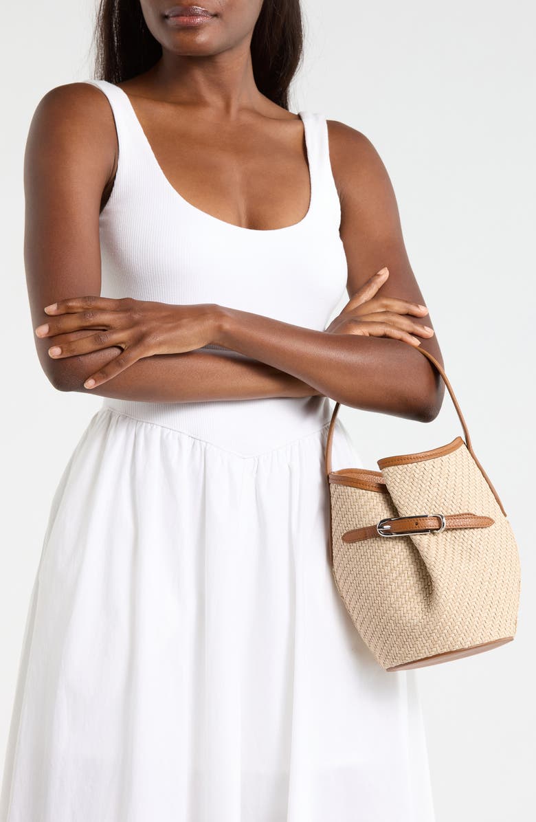 LIFFNER Mini Belted Raffia Bucket Bag, Alternate, color, Beige