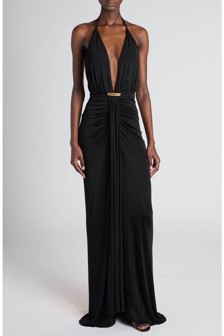 Plunge Halter Gown, Main, color, BLACK