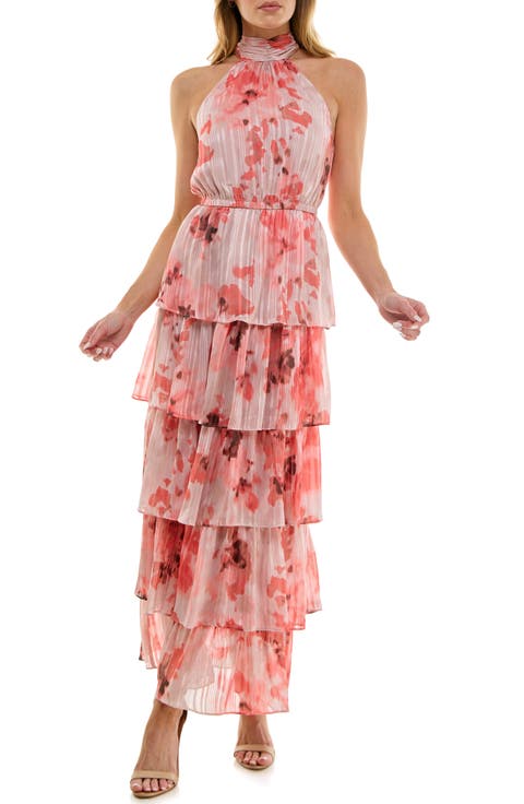 Plissé Tiered Maxi Halter Dress