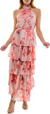 Socialite Plissé Tiered Maxi Halter Dress