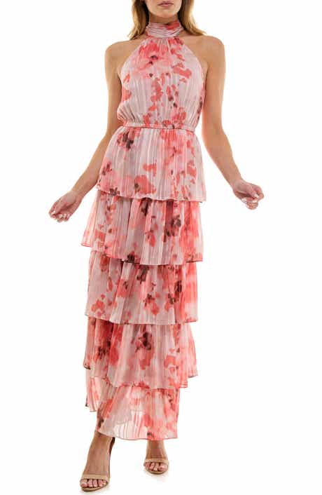 Socialite Plissé Tiered Maxi Halter Dress