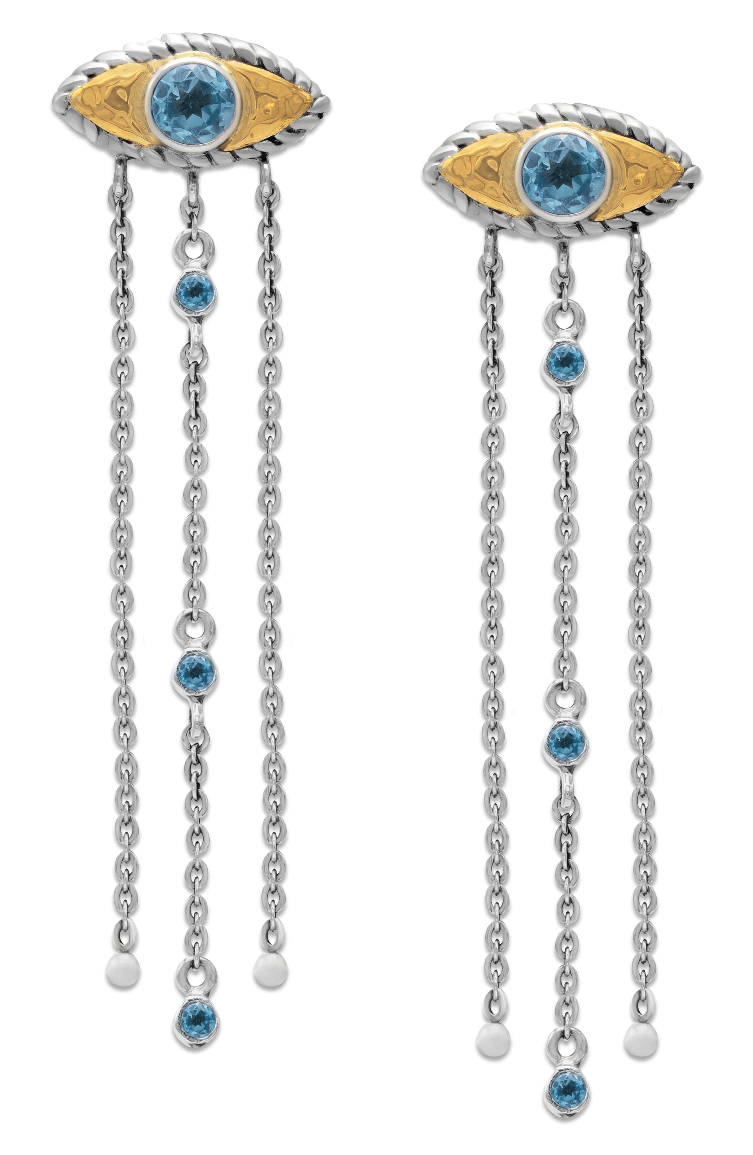 SAMUEL B. Blue Topaz Evil Eye Tassel Drop Earrings
