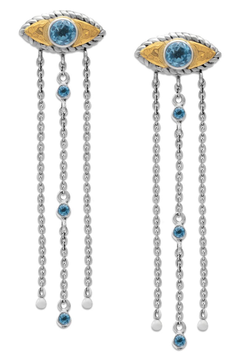 Blue Topaz Evil Eye Tassel Drop Earrings, Main, color, BLUE
