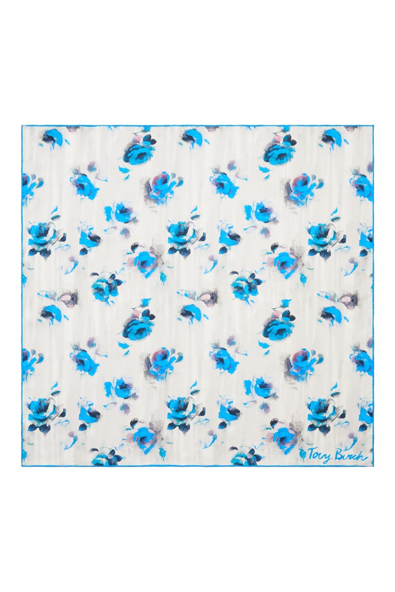 Floral Rose Square Silk Neckerchief, Alternate, color, BLUE ROSES NECKERCHIEF BLUE