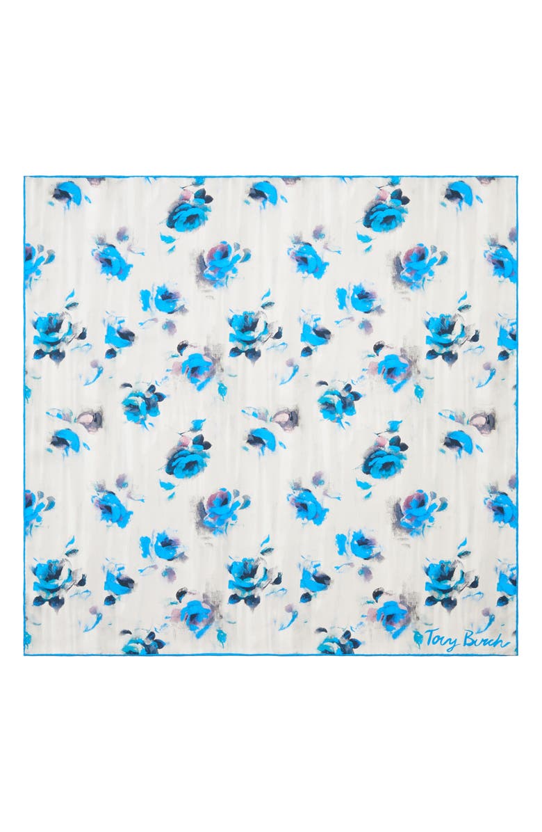 Tory Burch Floral Rose Square Silk Neckerchief, Alternate, color, Blue Roses Neckerchief Blue