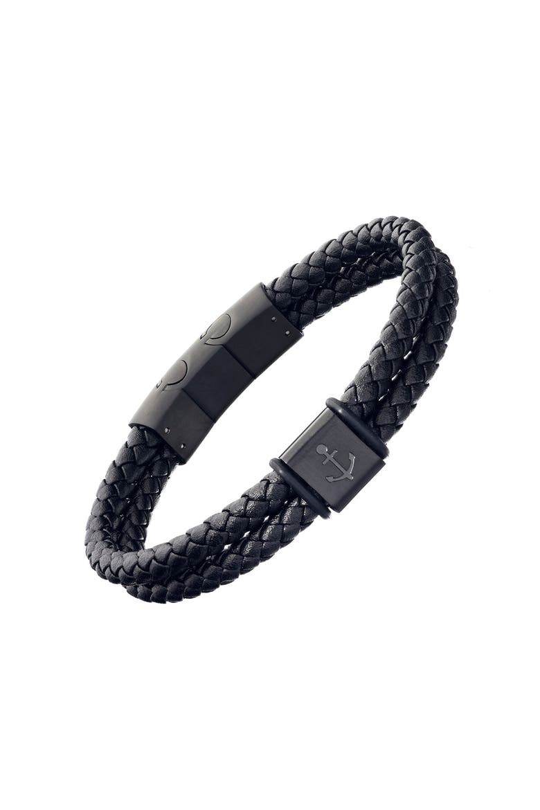 Braided Leather Bracelet with Stainless Steel Anchor Detail, Main, color, Black
