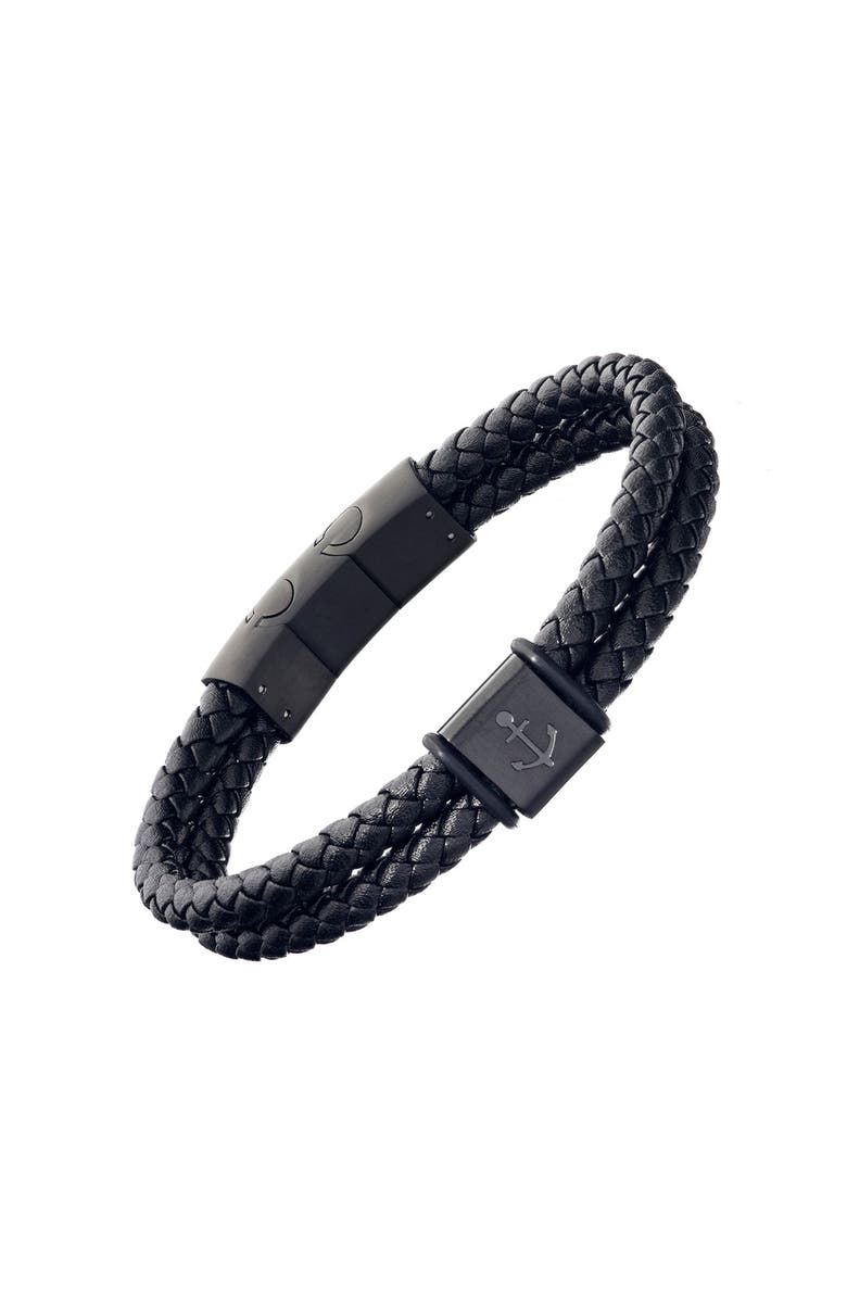 Link Up Braided Leather Bracelet with Stainless Steel Anchor Detail, Main, color, Black