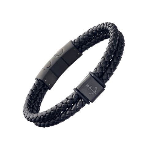 Braided Leather Bracelet with Stainless Steel Anchor Detail