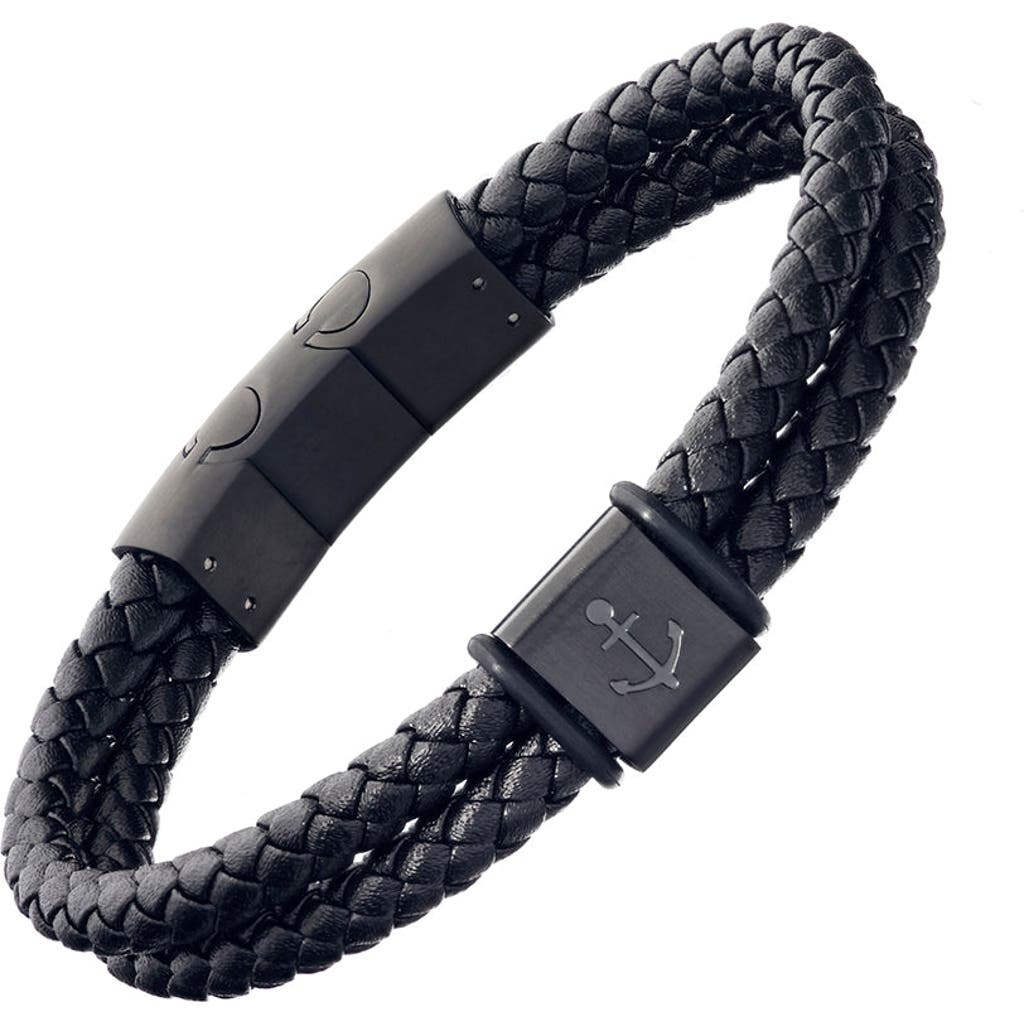 Link Up Braided Leather Bracelet with Stainless Steel Anchor Detail in Black  product