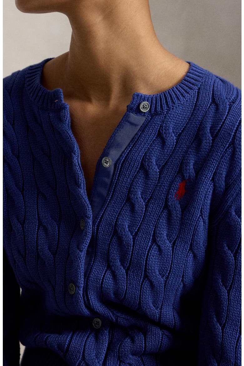 Cable Knit Cotton Crewneck Cardigan, Alternate, color, CHARTER BLUE