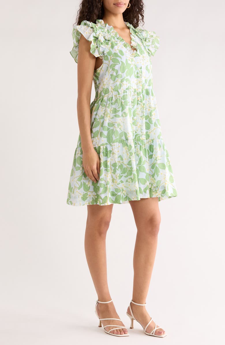 SUGARLIPS Kiany Floral Print Ruffle Minidress, Alternate, color, Light-Blue-Green