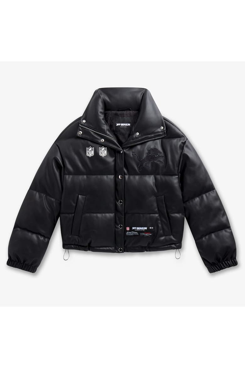 Women's  Black Detroit Lions Faux Leather Puffer Jacket, Alternate, color, Black