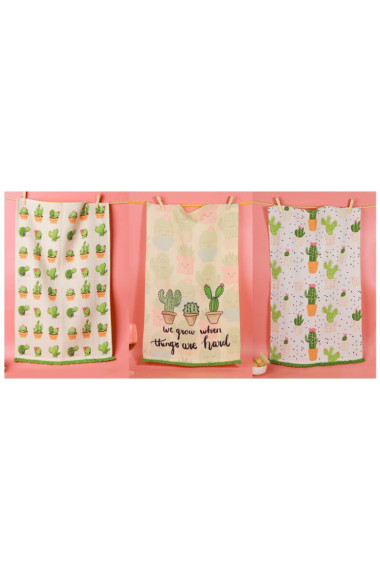 We Grow Cactus Set of 3 Kitchen Towels, Alternate, color, SAGE GREEN/ TERRACOTTA