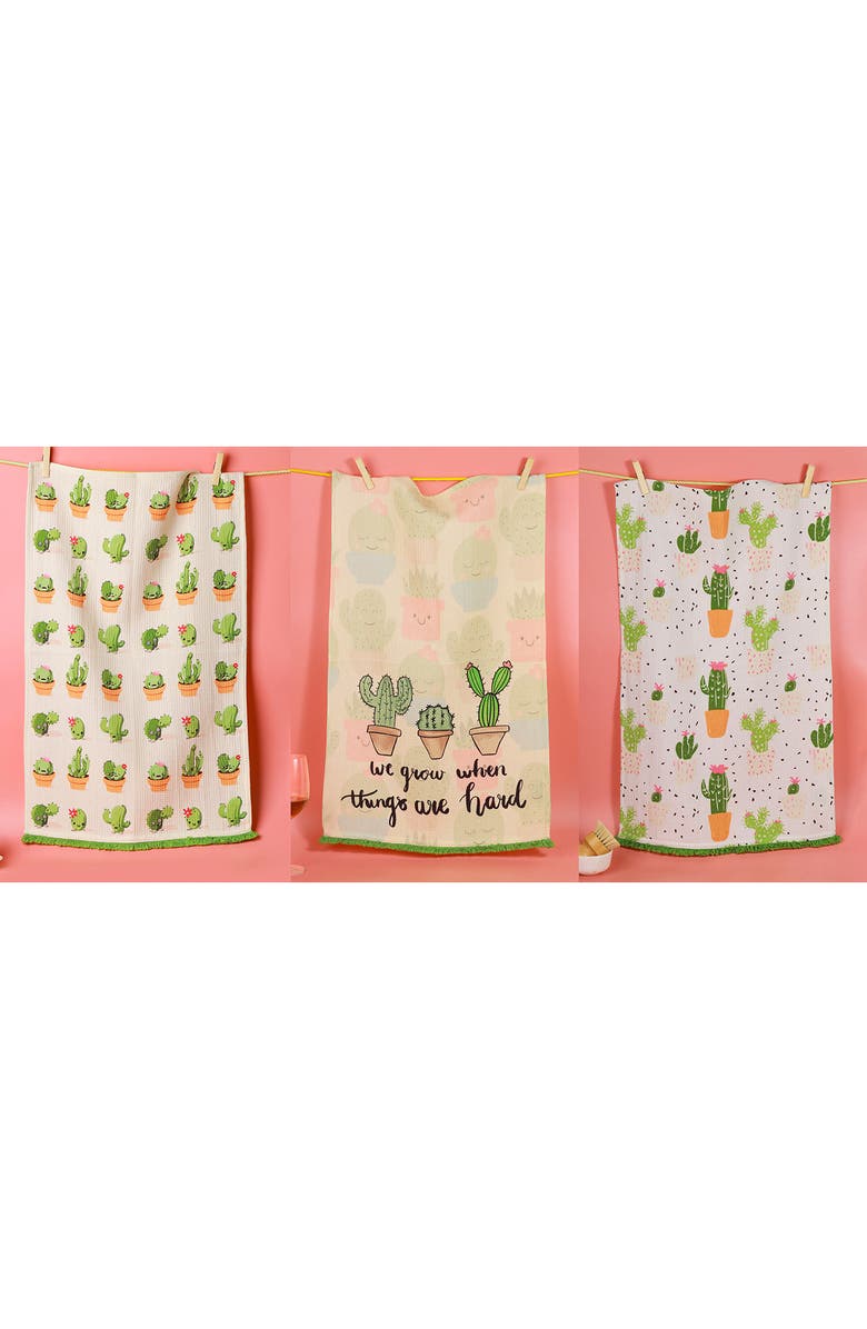 Tiramisu We Grow Cactus Set of 3 Kitchen Towels, Alternate, color, Sage Green/ Terracotta