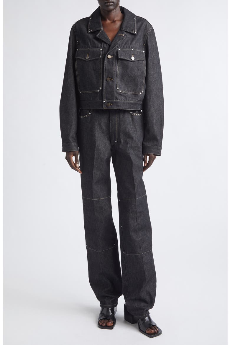 Studded High Waist Straight Leg Jeans, Main, color, SLATE