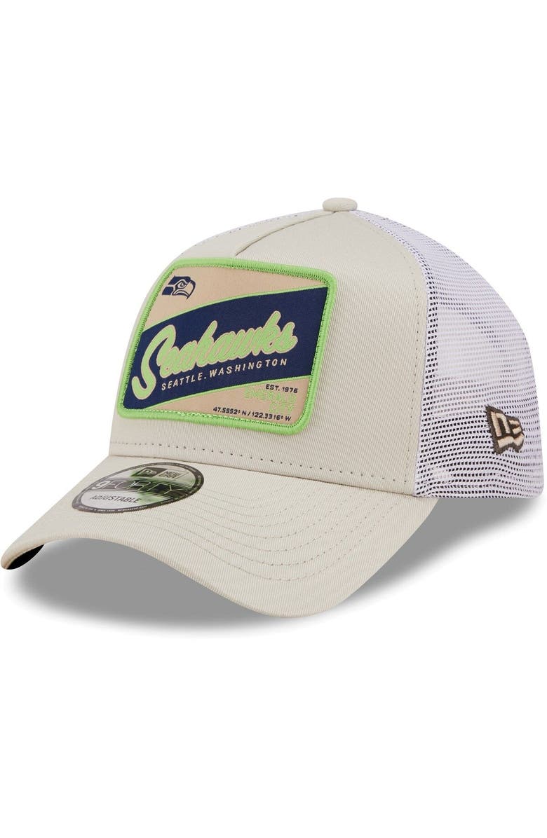 New Era Men's New Era Khaki/White Seattle Seahawks Happy Camper A-Frame Trucker 9FORTY Snapback Hat, Main, color, 