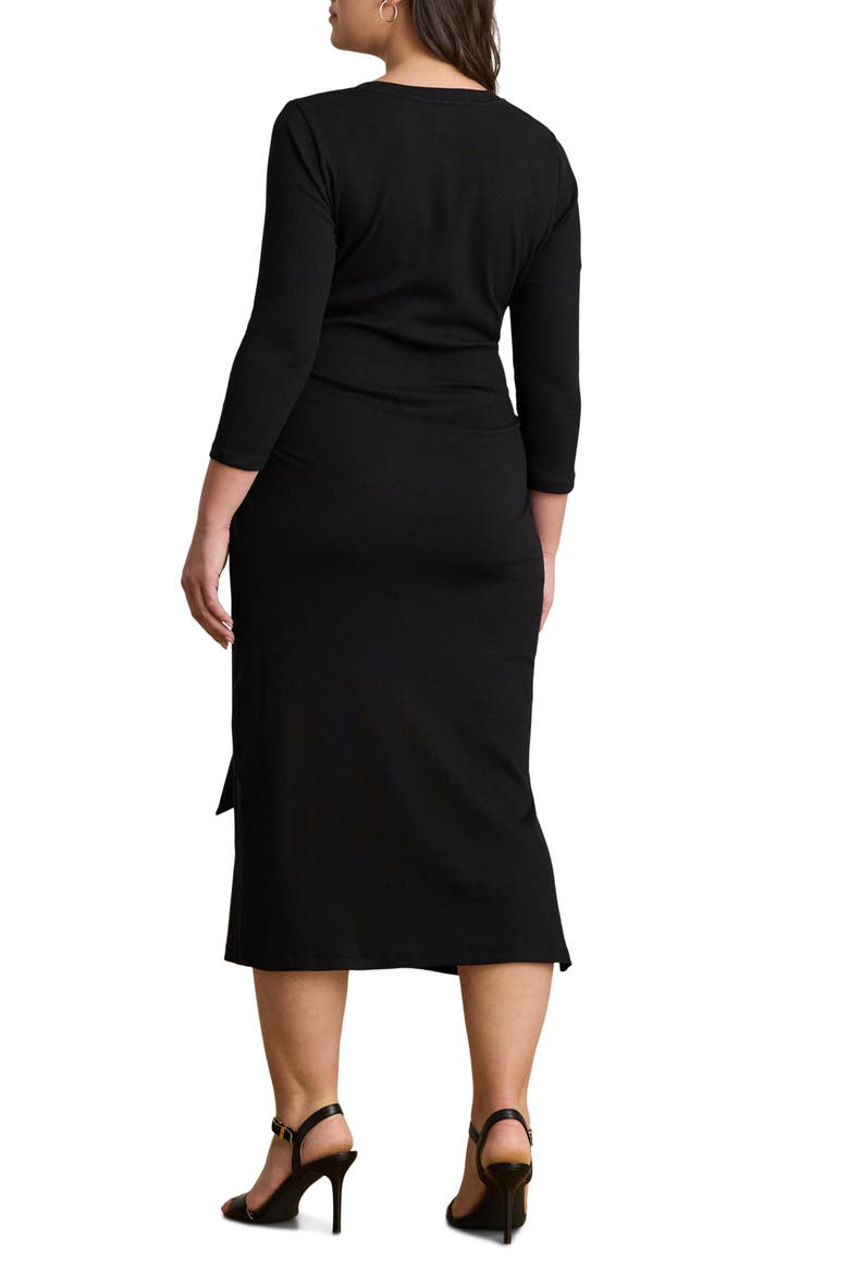 Tie Waist Rib Cotton Blend Midi Dress, Alternate, color, BLACK