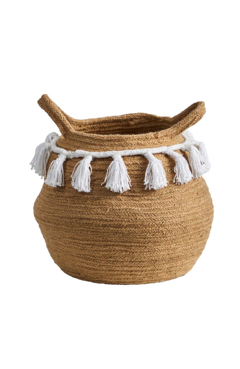NEARLY NATURAL 11-in Boho Chic Handmade Natural Cotton Woven Basket Planter with Tassels, Main, color, Beige