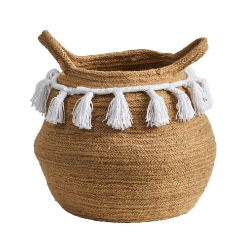 11-in Boho Chic Handmade Natural Cotton Woven Basket Planter with Tassels