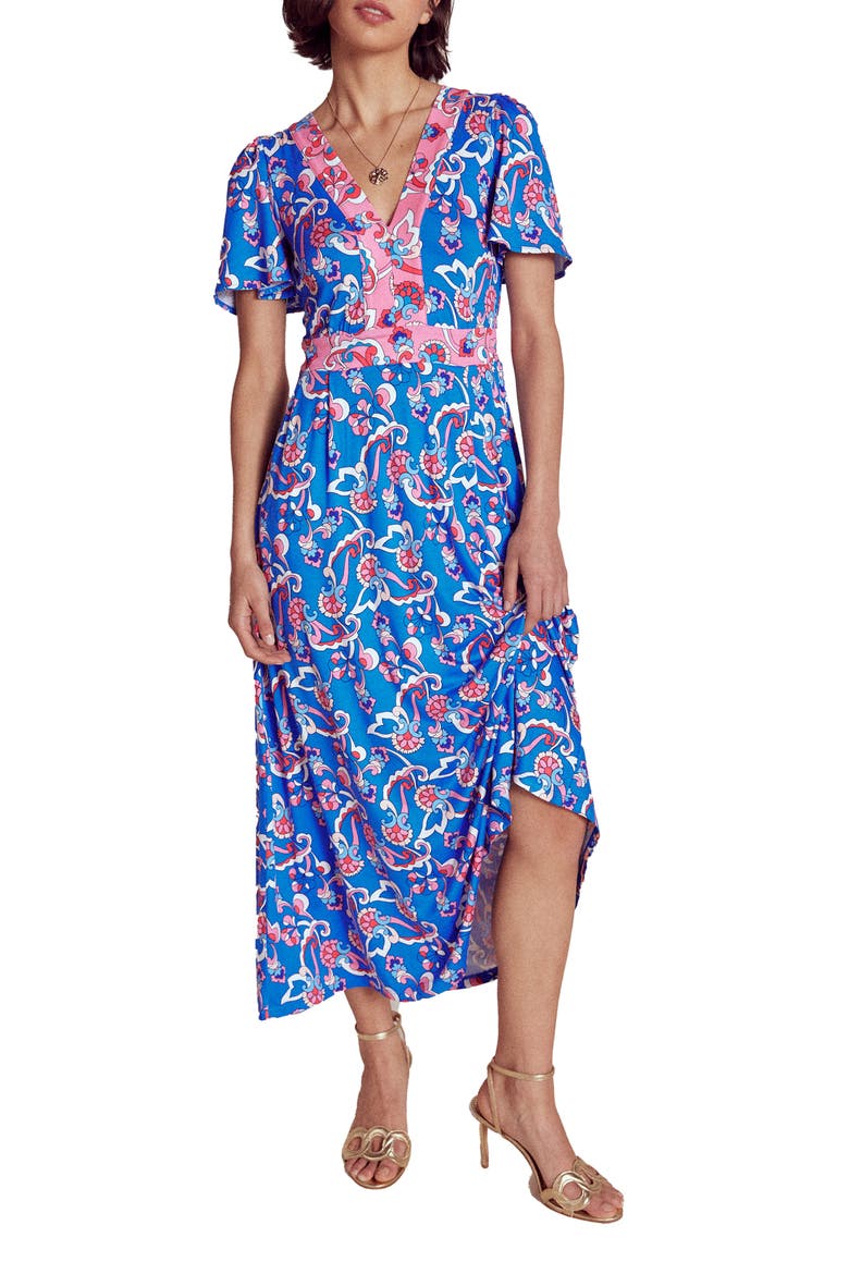 Ellie Print Flutter Sleeve Dress, Main, color, KINGFISHER BLUE/ FOLIAGE TRAIL