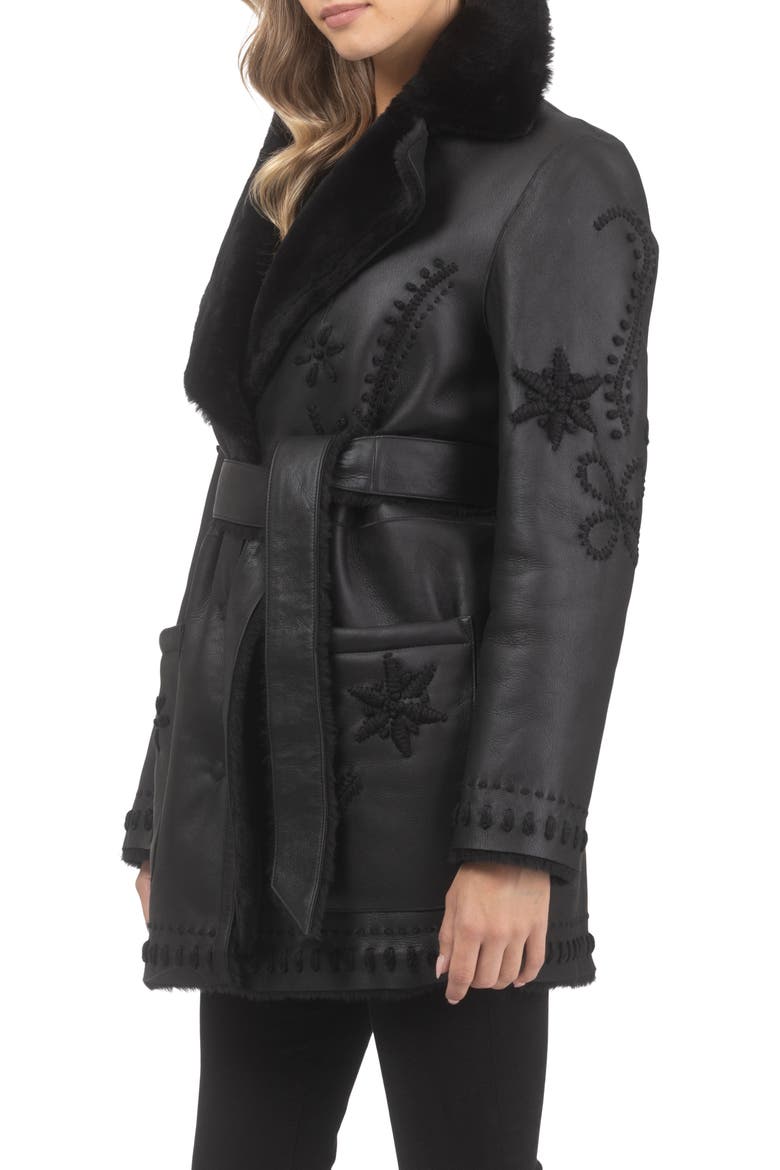 Genuine Shearling Short Jacket with Embroidery, Belt, Alternate, color, BLACK/BLACK