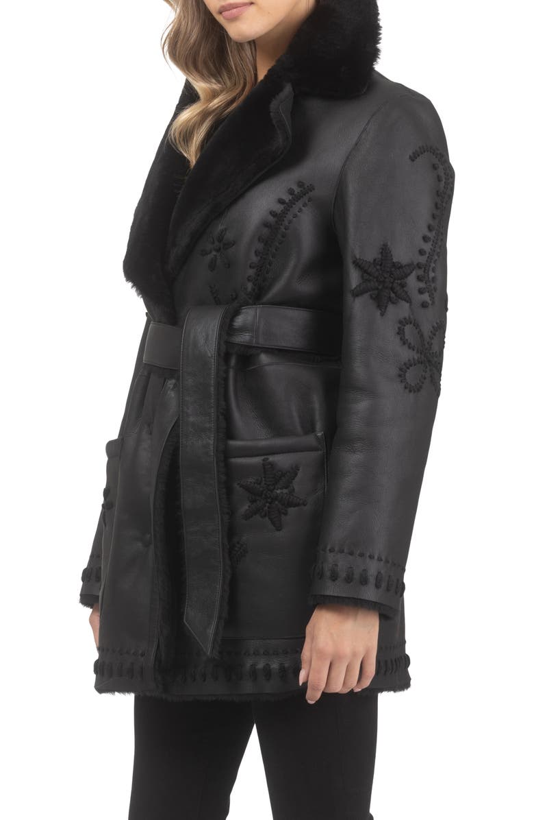 GORSKI Genuine Shearling Short Jacket with Embroidery, Belt, Alternate, color, Black/Black